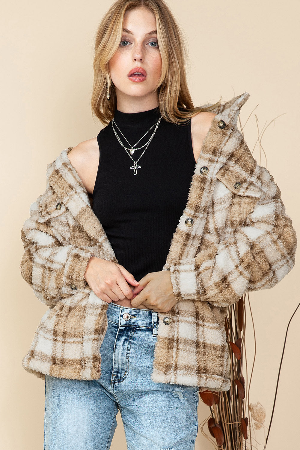 Khaki Sherpa Plaid Button Pocketed Jacket - Eloy Royal