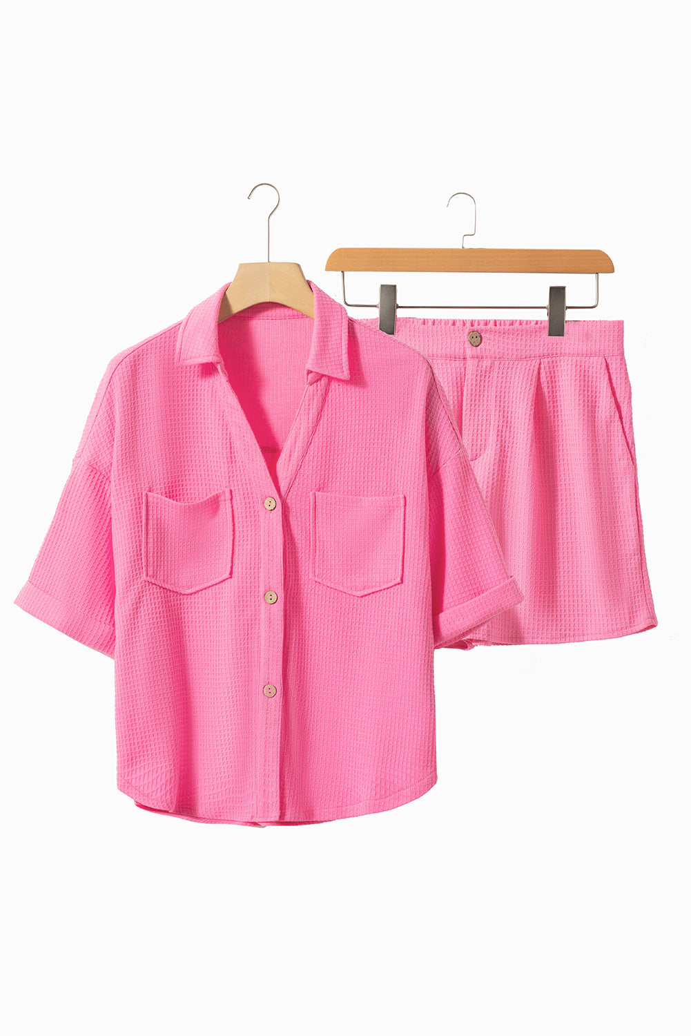 Bright Pink Textured Chest Pocket Half Sleeve Shirt Shorts Set - Eloy Royal