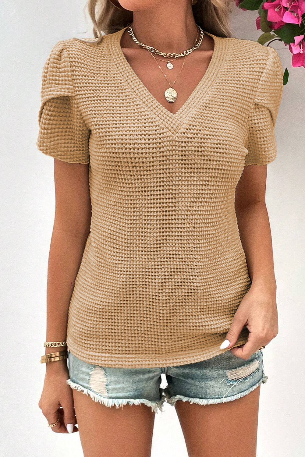 Mist Green Tulip Sleeve Waffle Knit V Neck T-Shirt - Eloy Royal