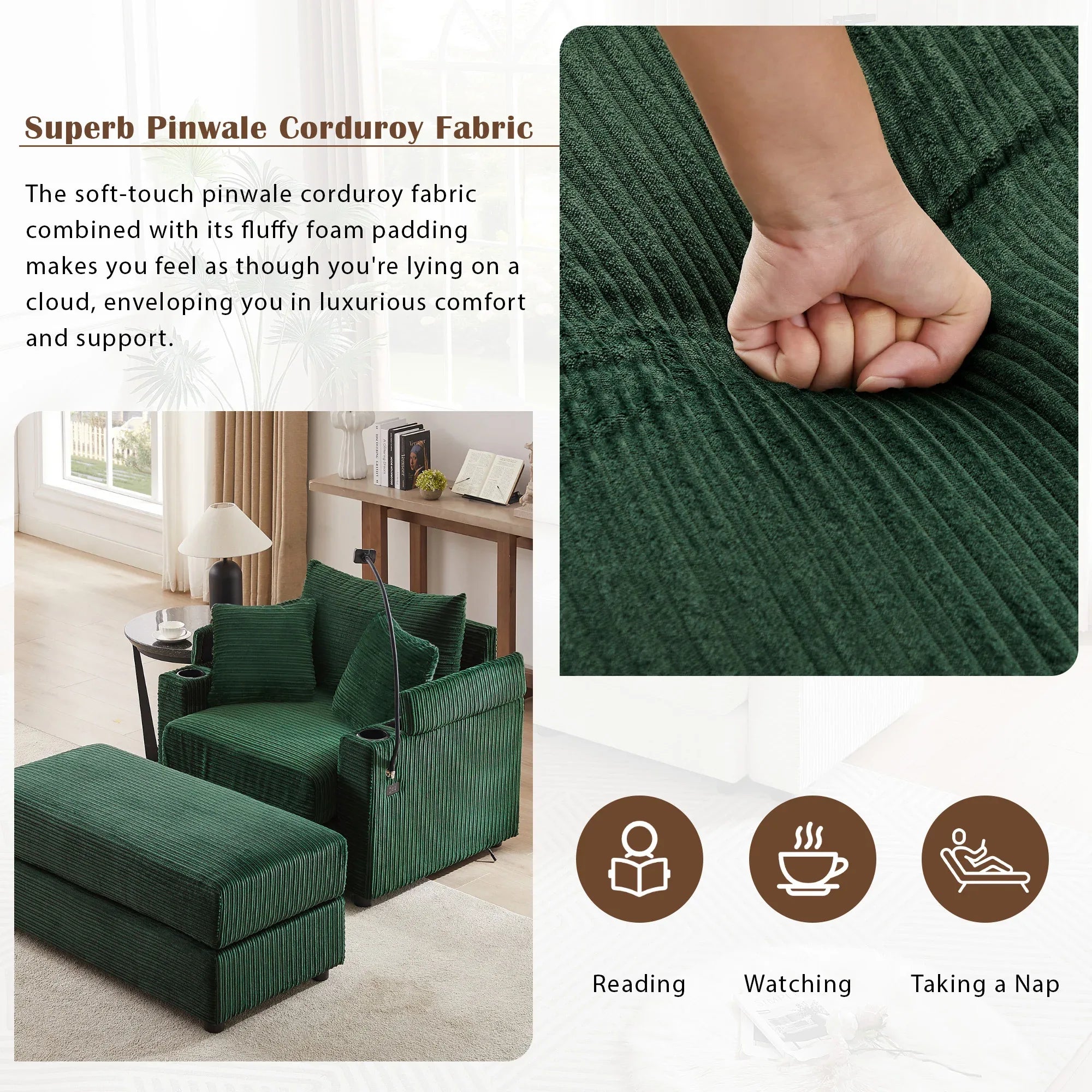 Modern Style Single Sofa Couch with Storage, USB Ports, Cup Holders, Green Corduroy - Eloy Royal