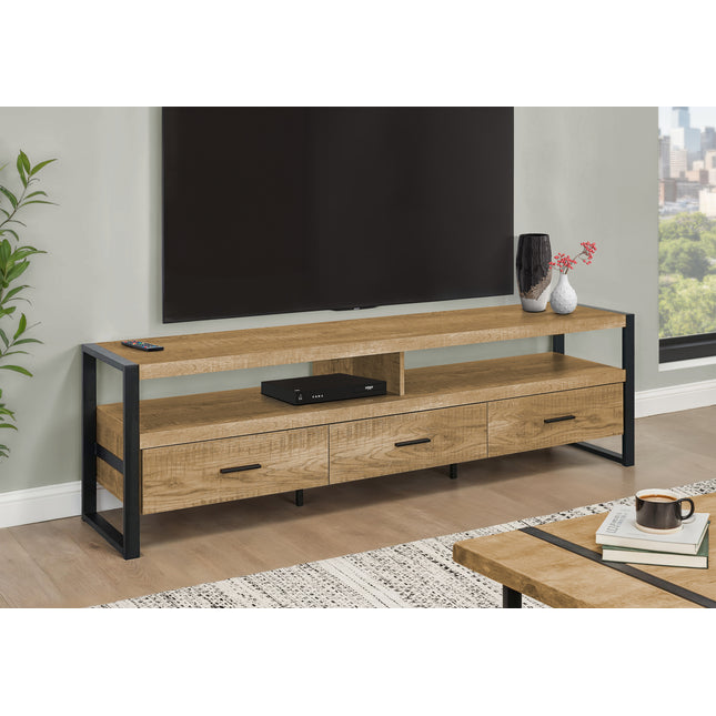 Tv Stand, 72 Inch, Console, Media Entertainment Center, Storage Drawers, Living Room, Mango Wood-look, Black Metal, Contemporary, Modern