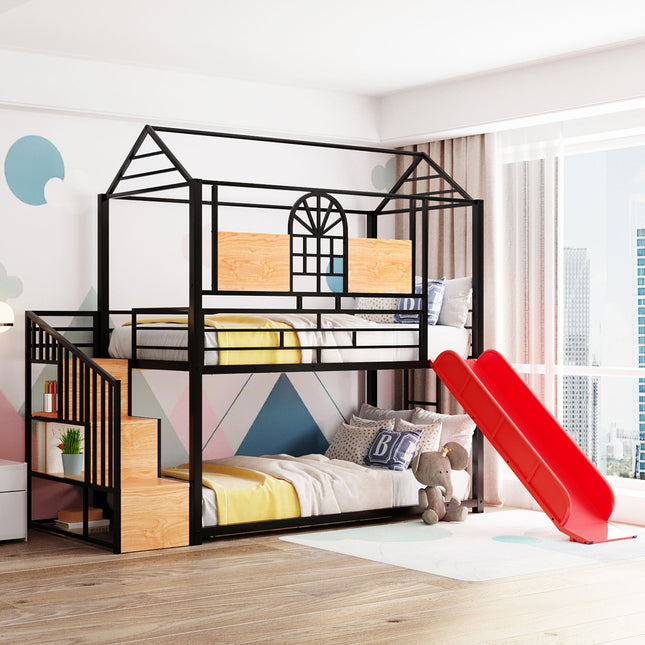 Twin Over Twin Metal Bunk Bed, Metal Housebed with Slide and Storage Stair, Black with Red Slide(OLD SKU: SF000195AAJ)