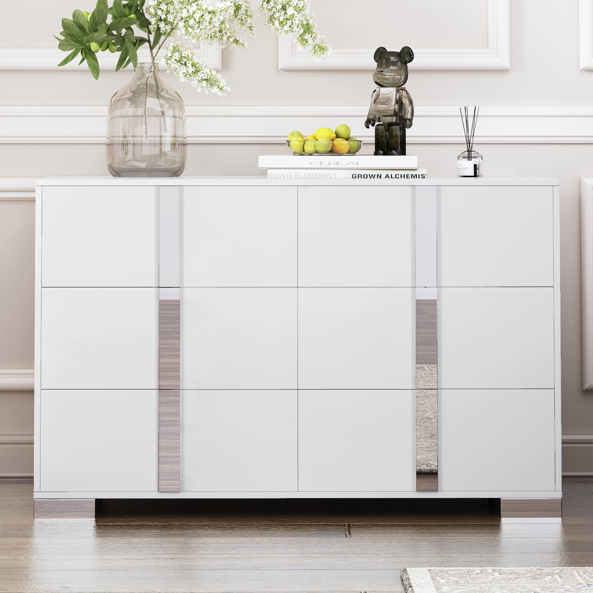 Elegant Modern Dresser with Metal Foot,Mirrored Storage Cabinet with 6 Drawers for Bedroom,Living Room,White (Old SKU: WF319354AAK)