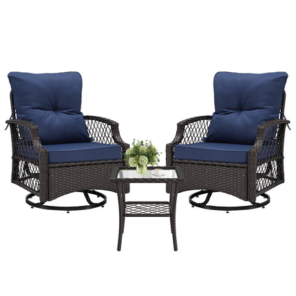 3-Piece Patio Furniture Set, Wicker Outdoor Bistro Set Swivel Glider Patio Chairs x 2 with Cushions, Side Table x 1, High Back All-Weather Rattan Outdoor Furniture for Porch, Backyard