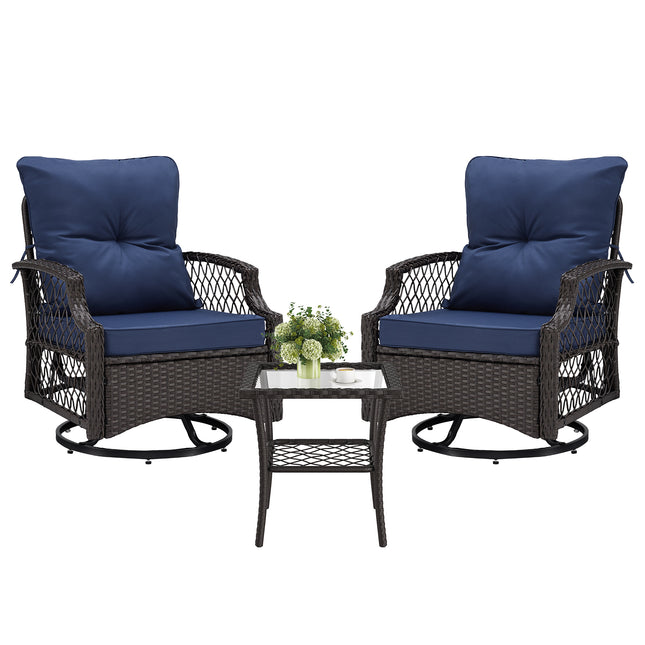 3-Piece Patio Furniture Set, Wicker Outdoor Bistro Set Swivel Glider Patio Chairs x 2 with Cushions, Side Table x 1, High Back All-Weather Rattan Outdoor Furniture for Porch, Backyard