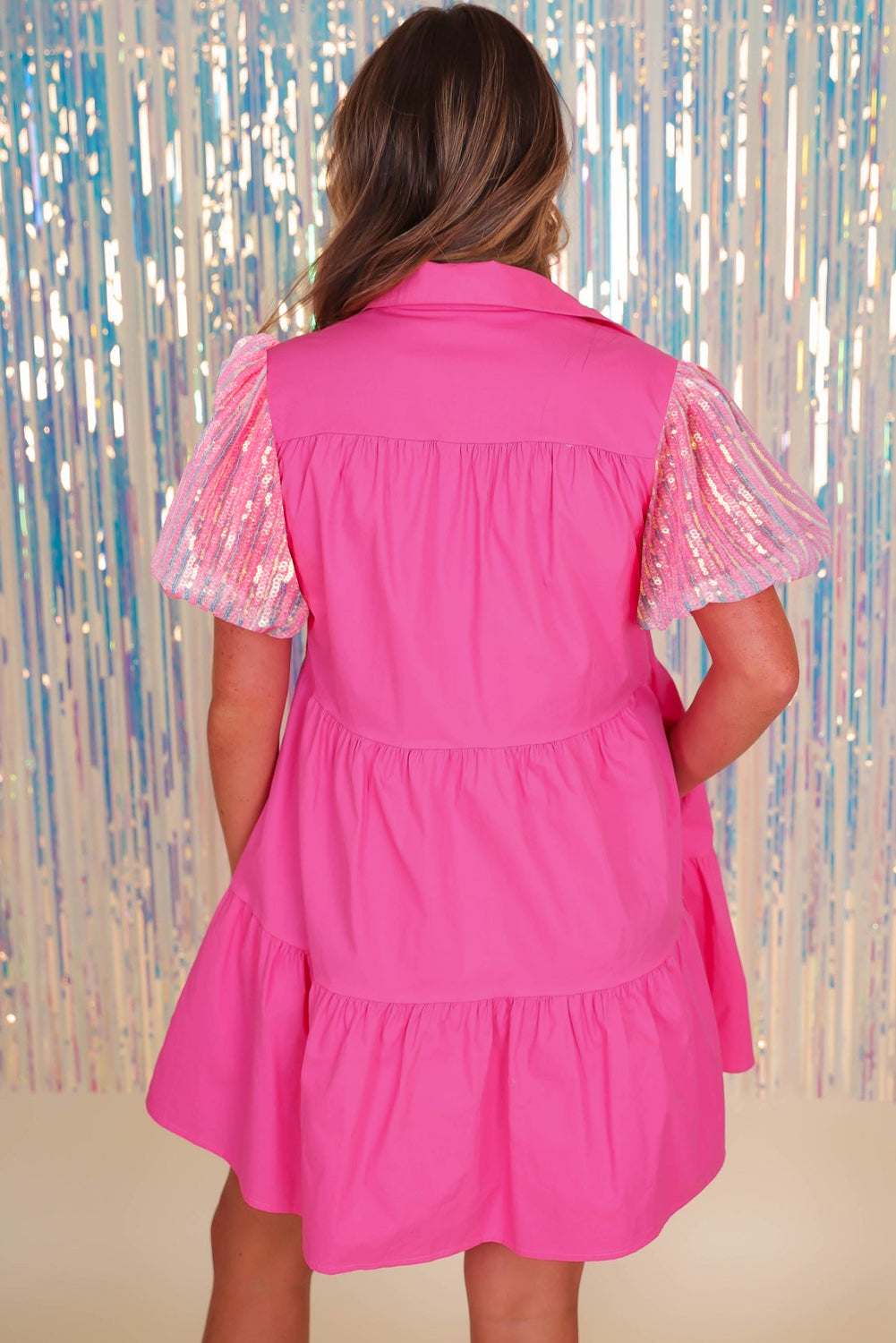 Bonbon Sequins Bubble Sleeve Tiered Mini Shirt Dress - Eloy Royal