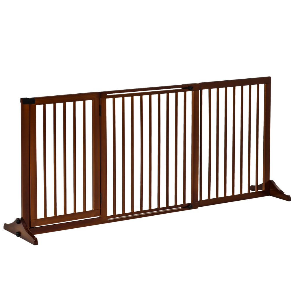 PawHut Adjustable Wooden Pet Gate, Freestanding Dog Fence for Doorway, Hall, 3 Panels w/ Safety Barrier, Lockable Door, Brown, 44.5'-65.25' L x 14.25' H