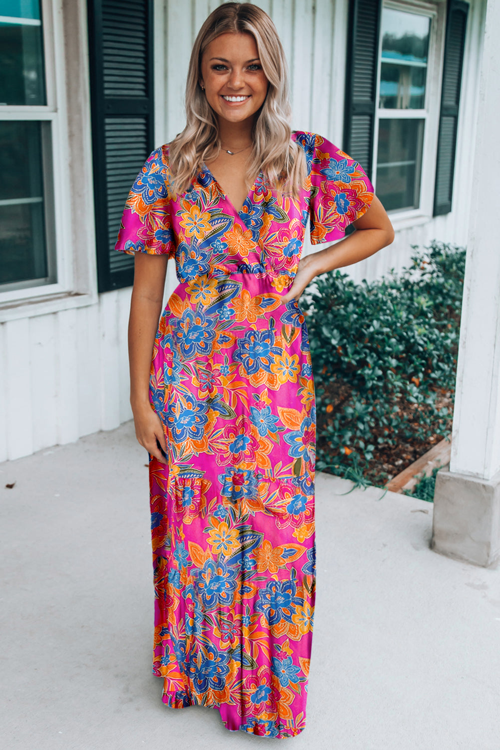 Wholesale Rose Boho Abstract Print V Neck Short Sleeve Maxi Wrap Dress - Eloy Royal