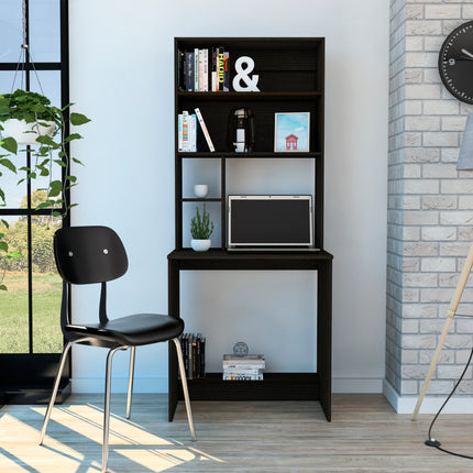 Compu Hutch Desk, Four Shelves, Writing Desk, One Lower Shelf -Black