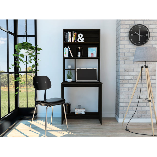 Compu Hutch Desk, Four Shelves, Writing Desk, One Lower Shelf -Black