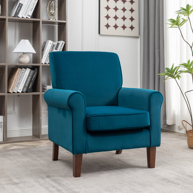 Traditional Rolled Arm Armchair, Solid Birch Wood Frame with Tapered Brown Legs, Polyester Blend Printed Cloth Upholstered Chair with Foam Filled Seat for Living Room Office