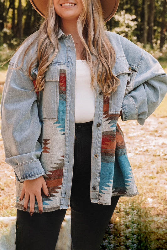 Sky Blue Plus Size Denim Geometric Print Jacket - Eloy Royal