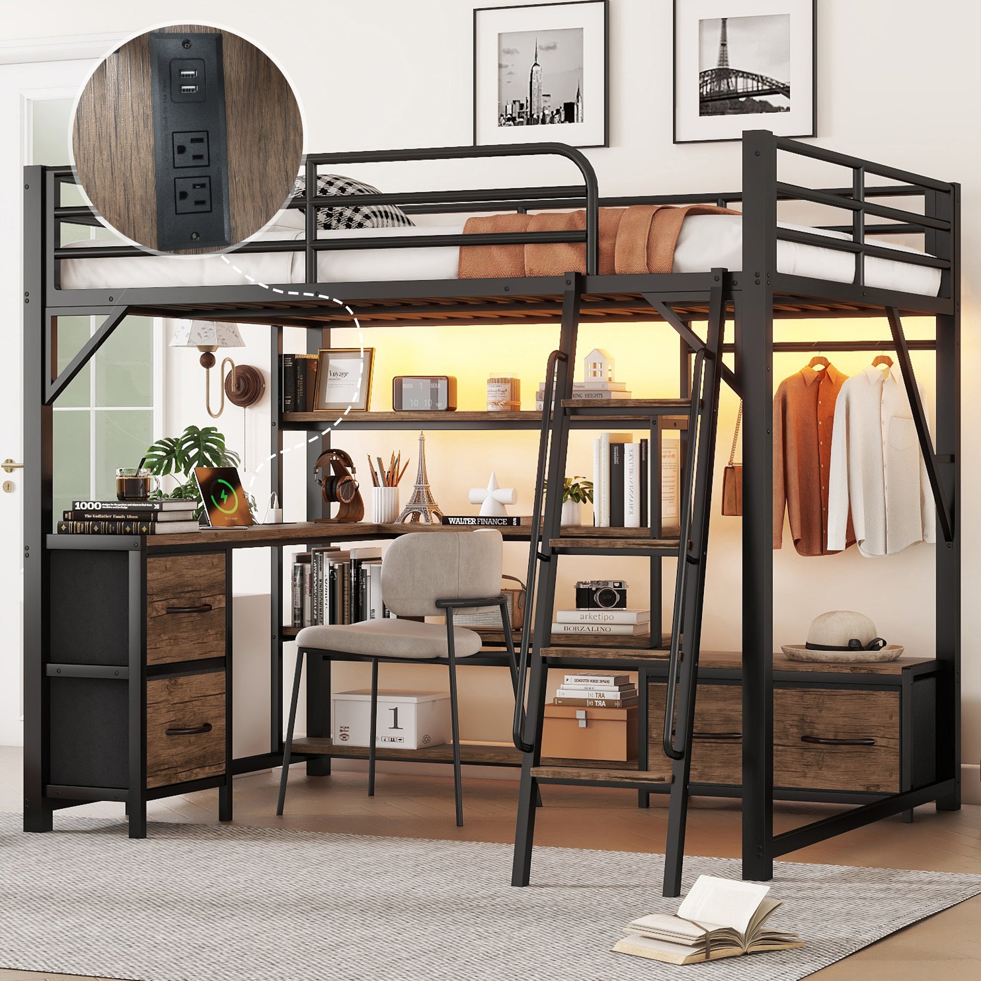 Queen Size Loft Bed with Desk and LED, Metal Loft Bed with Storage Shelves, Wardrobe and Storage Drawers for Boys Girls(Old SKU W2593S00036)
