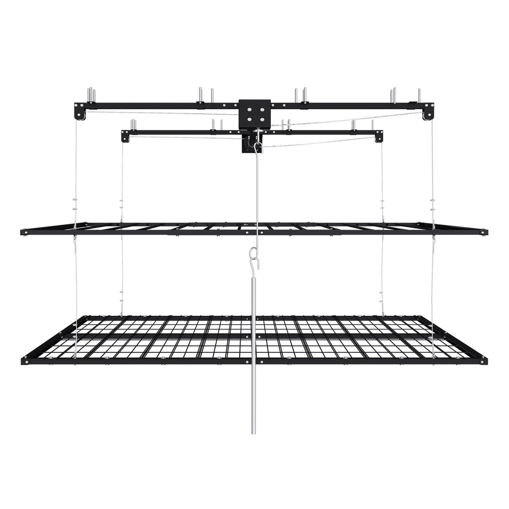 Overhead Double-Layer Garage Storage Rack 4x8 FT for High Ceilings 10-12 FT, Black All-Steel Construction with Lock, Smooth and Silent Operation