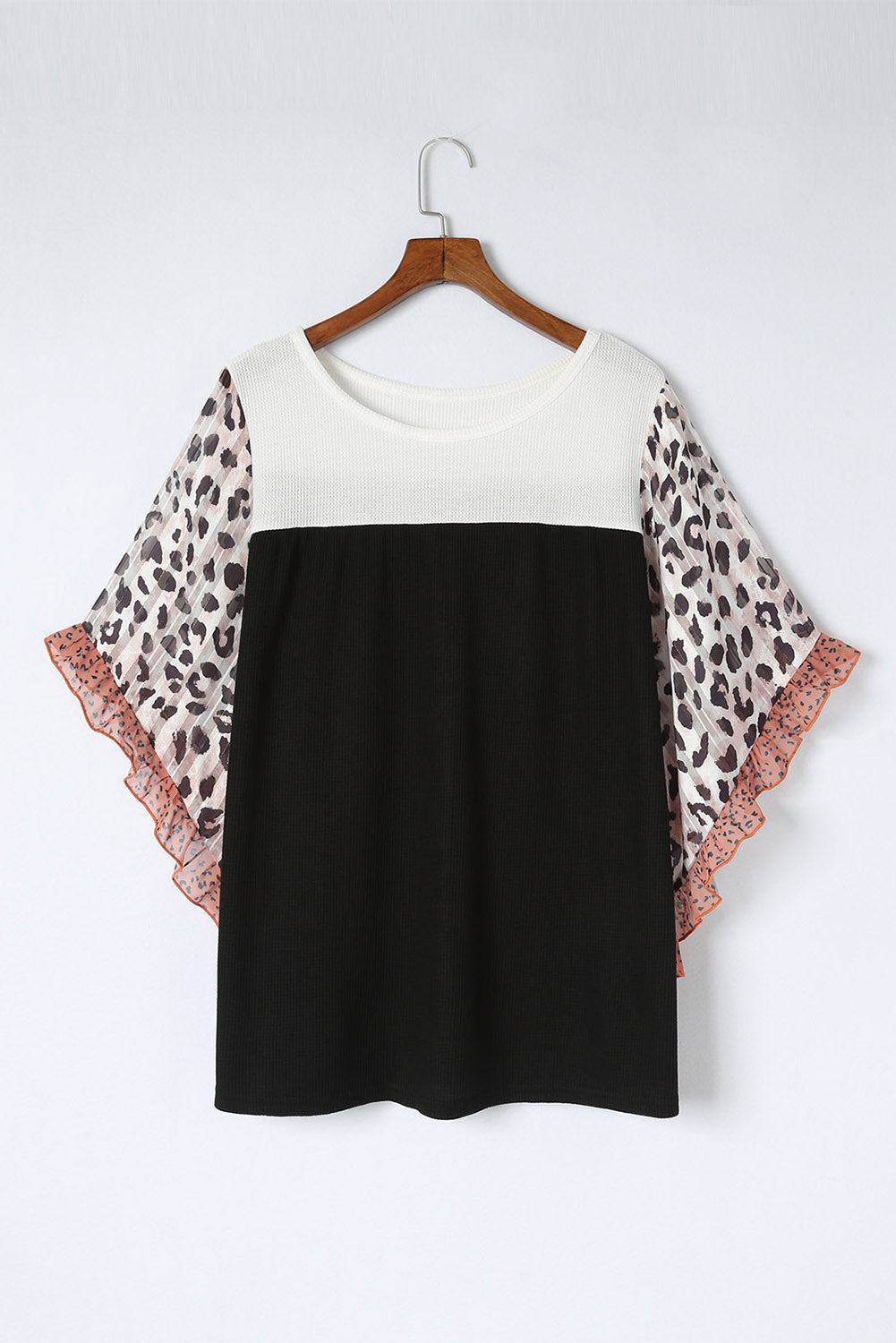 Black Rib Knit Animal Print Ruffle Sleeves Plus Size Top - Eloy Royal