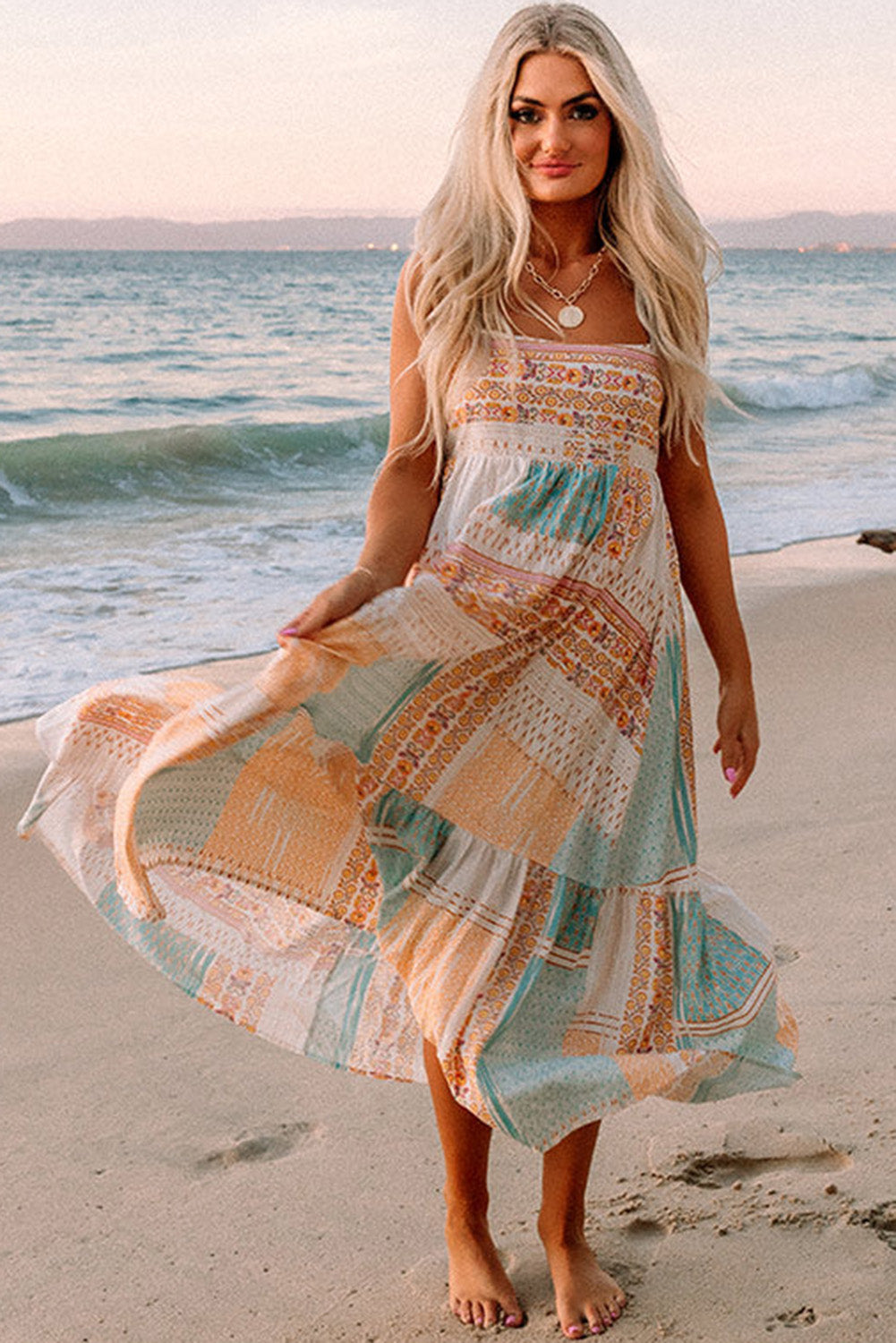 Multicolor Boho Patchwork Print Square Neck Sundress - Eloy Royal