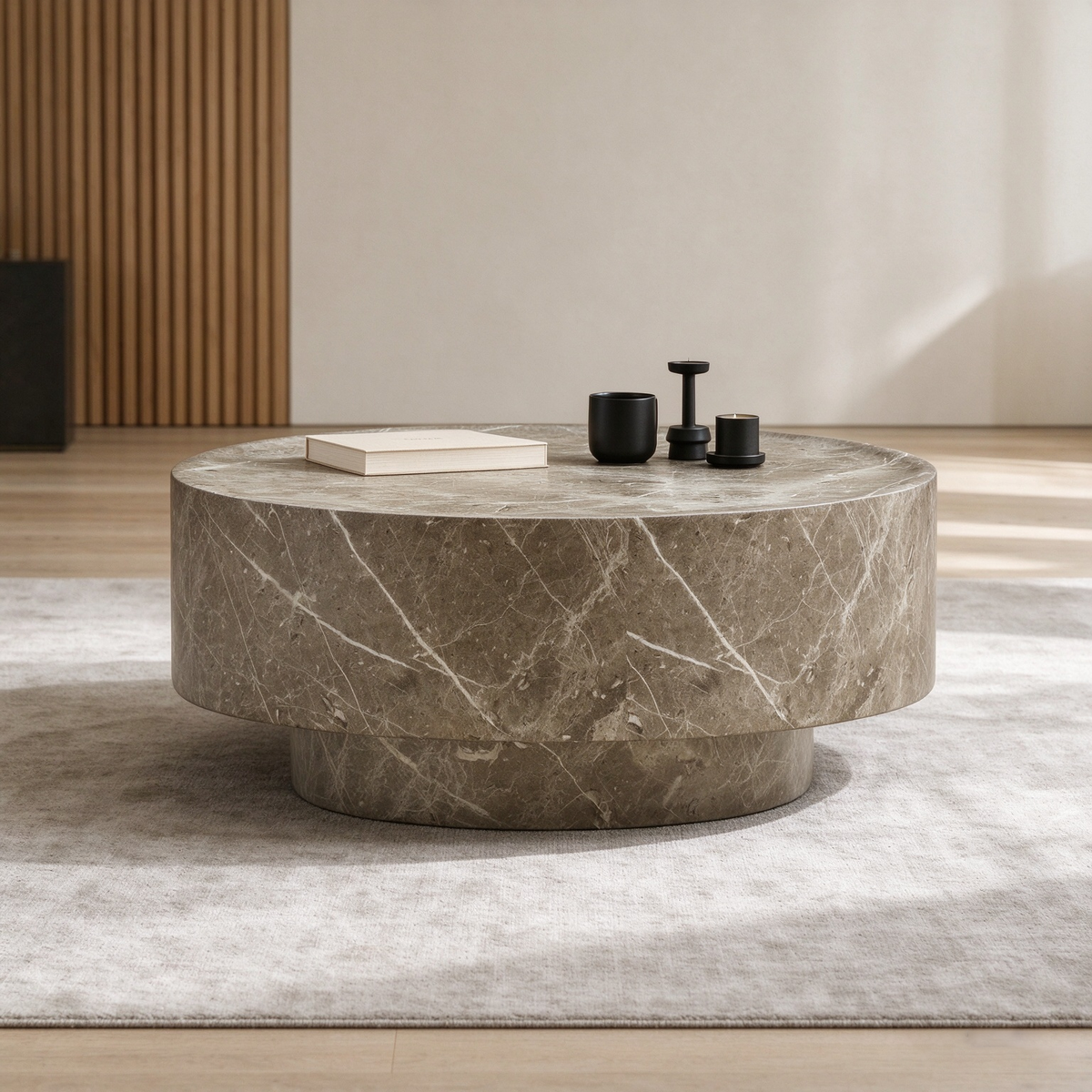 Travertine-Look Round Coffee Table, Natural Brown Stone Texture, Wood & Fiberglass Base, 31.5' Round Tabletop