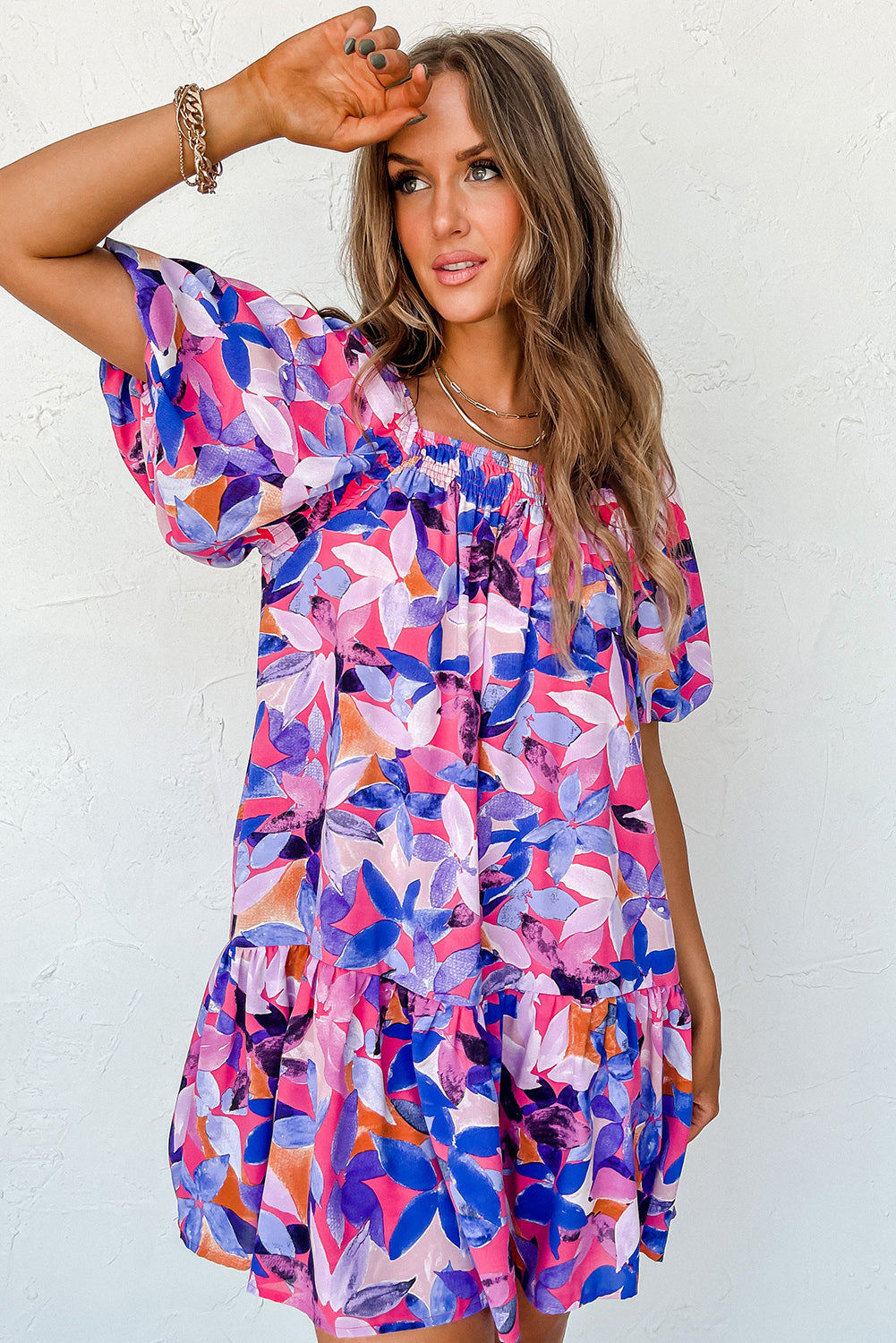 Purple Flower Print Short Puff Sleeve Ruffle Mini Dress - Eloy Royal