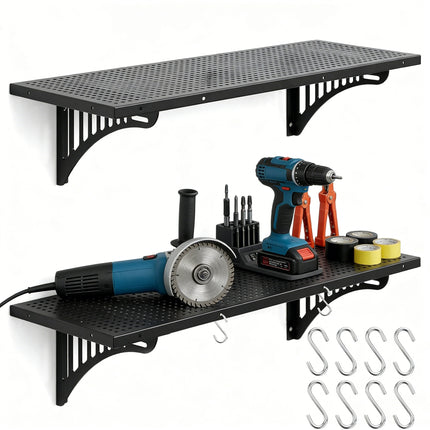 Heavy Duty Garage Wall Shelving 4 Pack 45.28'x16.54', 530+ lbs Load Capacity per Shelf, Metal Wall Mounted Storage Rack with Hooks, Black for Garage, Workshop (4 Pack)
