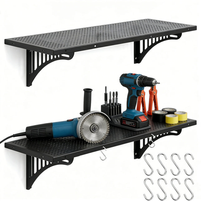 Heavy Duty Garage Wall Shelving 4 Pack 45.28'x16.54', 530+ lbs Load Capacity per Shelf, Metal Wall Mounted Storage Rack with Hooks, Black for Garage, Workshop (4 Pack)