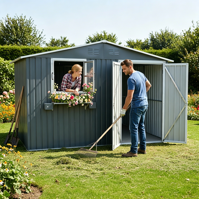10x8 FT Outdoor Metal Storage Shed with Window & Flower Rack, Lockable Double Doors Tool Shed, Waterproof Weatherproof Garden Shed for Backyard Patio,Coal Gray