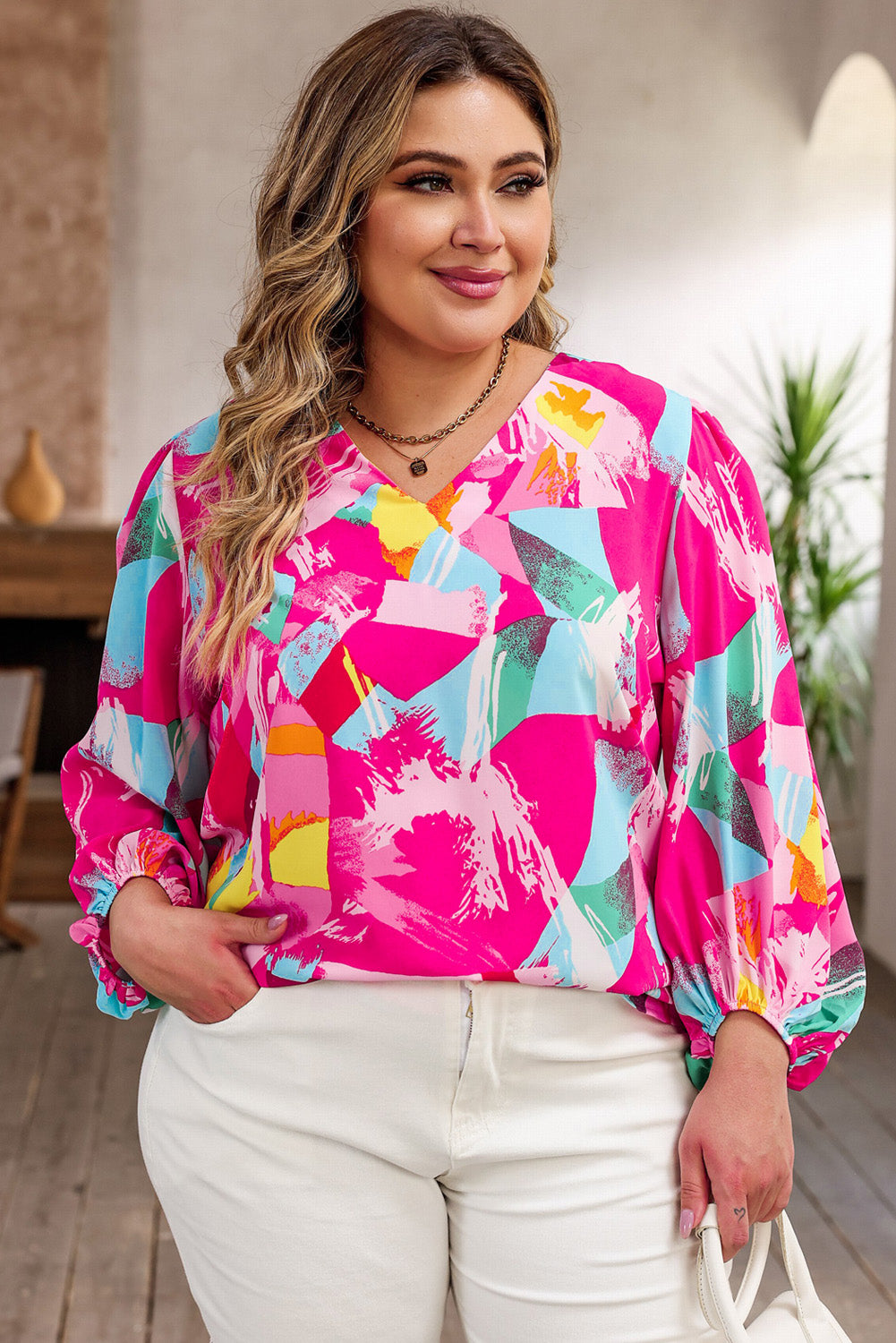 Pink Plus Size Graffiti Print Split Neck Puff Sleeve Blouse - Eloy Royal