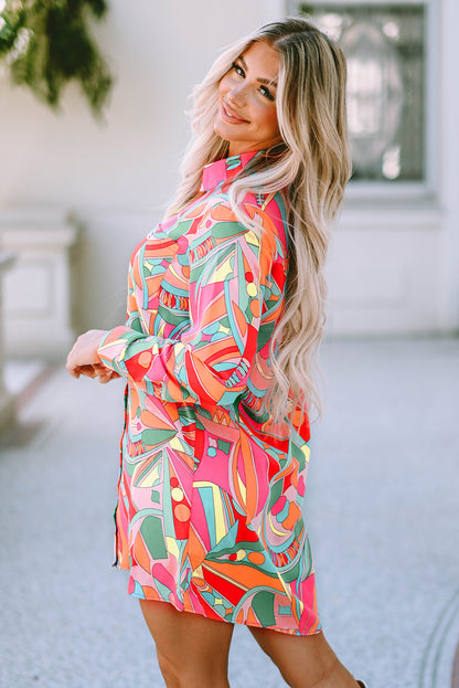 Multicolor Abstract Print Long Sleeve Shirt Dress - Eloy Royal