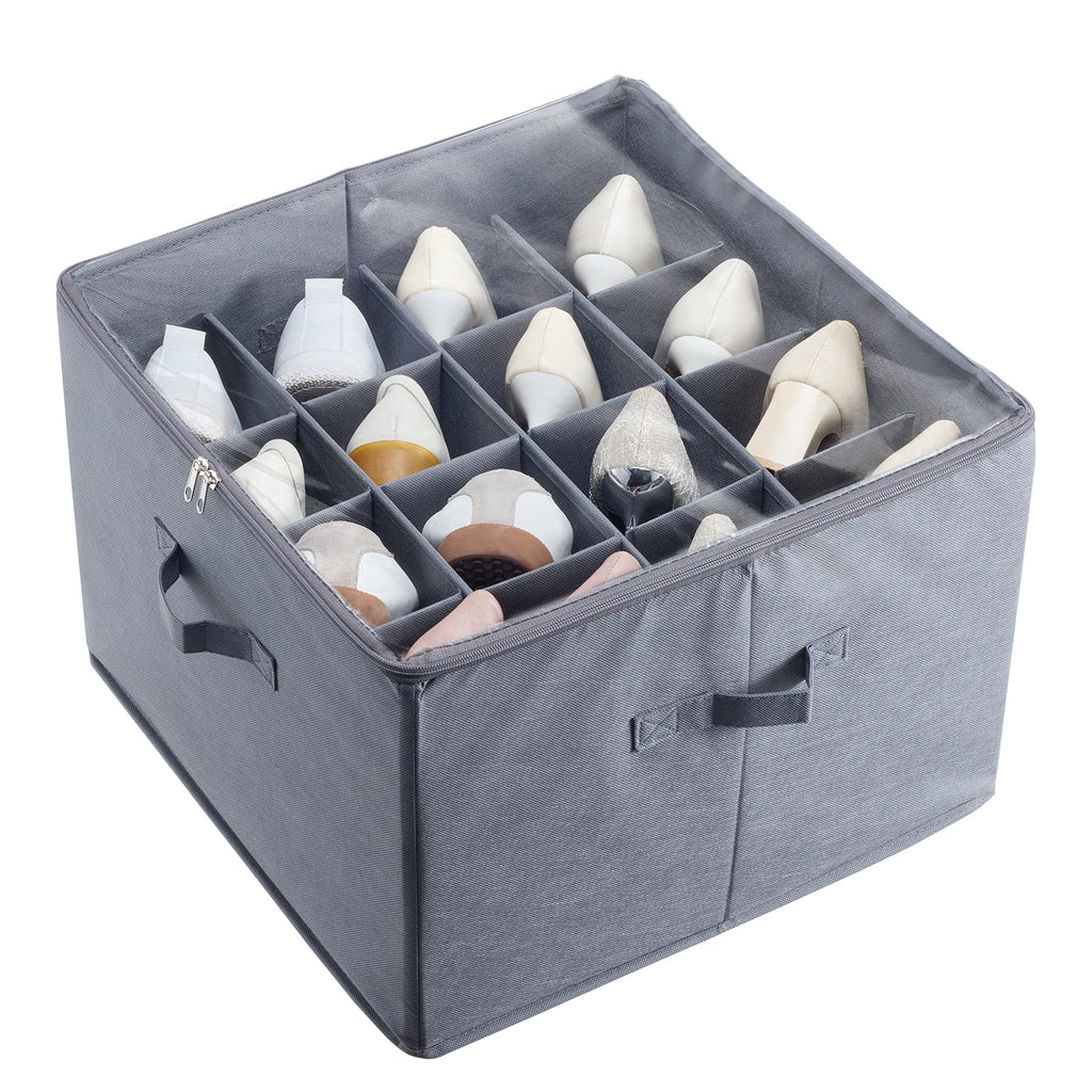 Under Bed Shoe Storage Organizer, 1 Pack, 16 Compartments, Underbed Shoe Box Storage Containers Adjustable Dividers, Sandal Organizer Storage with Clear Window, Breathable, Reinforced Handles
