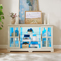 2 Grid Door Low Cabinet with Full-Color RGB Light Strip & Vintage Handles, 2-Tier Adjustable Shelves, Multifunctional Glass Storage Cabinet for Dining, Living Room, Bedroom, Lounge WHITE
