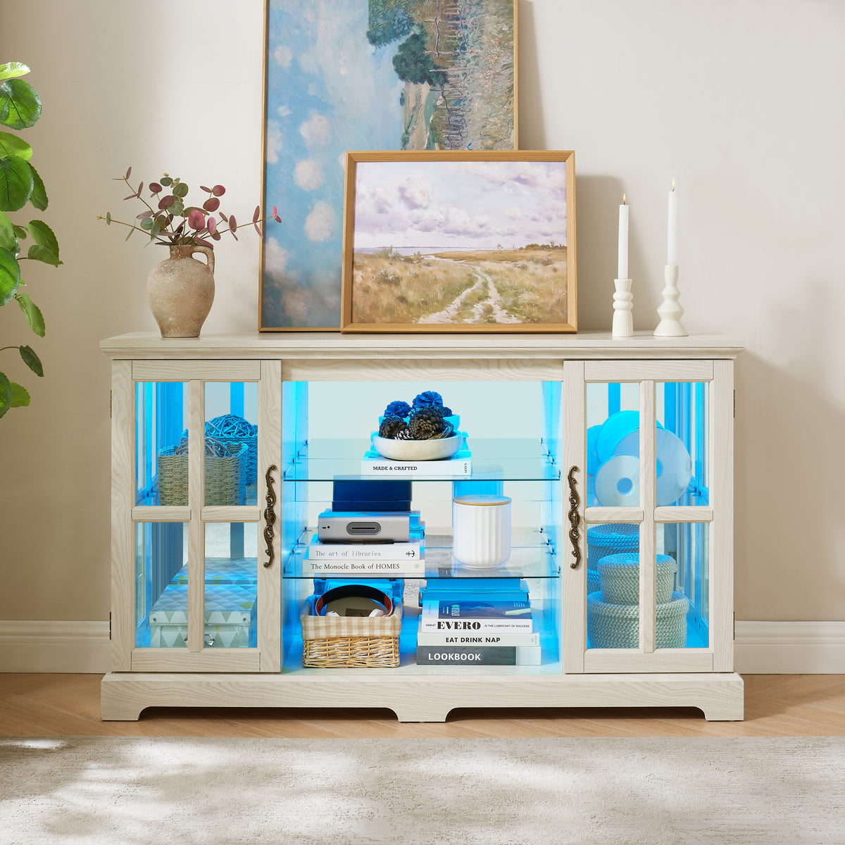 2 Grid Door Low Cabinet with Full-Color RGB Light Strip & Vintage Handles, 2-Tier Adjustable Shelves, Multifunctional Glass Storage Cabinet for Dining, Living Room, Bedroom, Lounge WHITE
