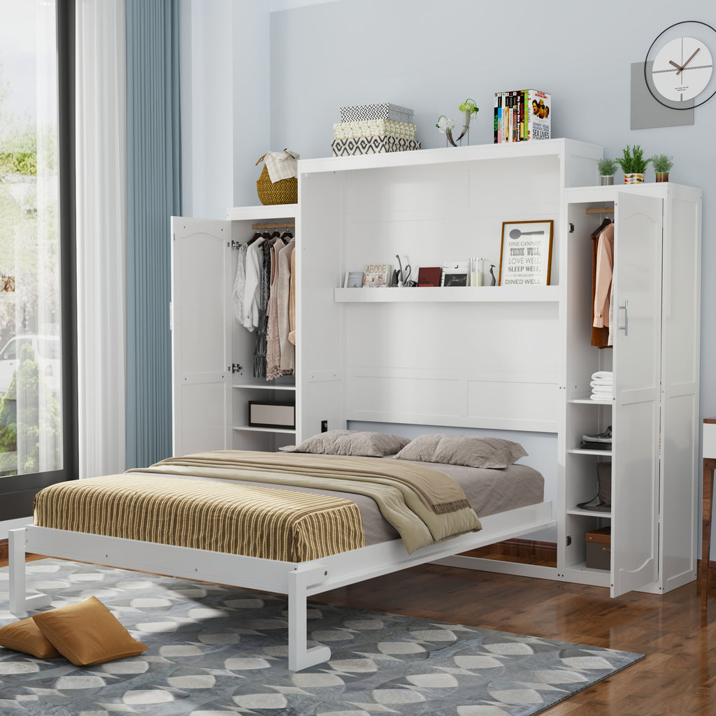 Full Size Murphy Bed with 2 Wardrobe and Storage Shelf, Multifunctional Foldable Platform Bedframe for Guest-Room, Bedroom, White(Old SKU: N733S235596K)