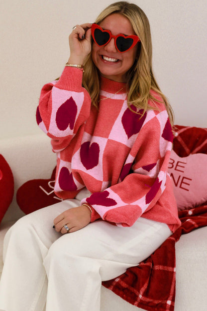 Pink Plus Size Heart Checkered Colorblock Lantern Sleeve Sweater