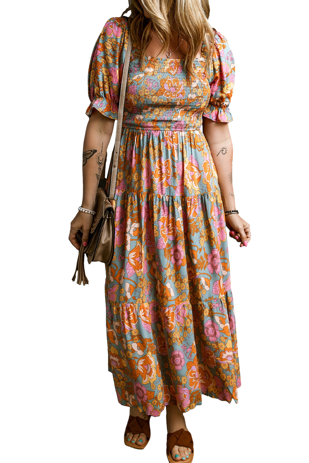 Yellow Smocked Bodice High Waist Puff Sleeve Floral Dress - Eloy Royal