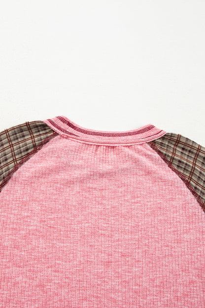 Fushia Floral Plaid Mixed Print Patchwork Raglan Ribbed Top