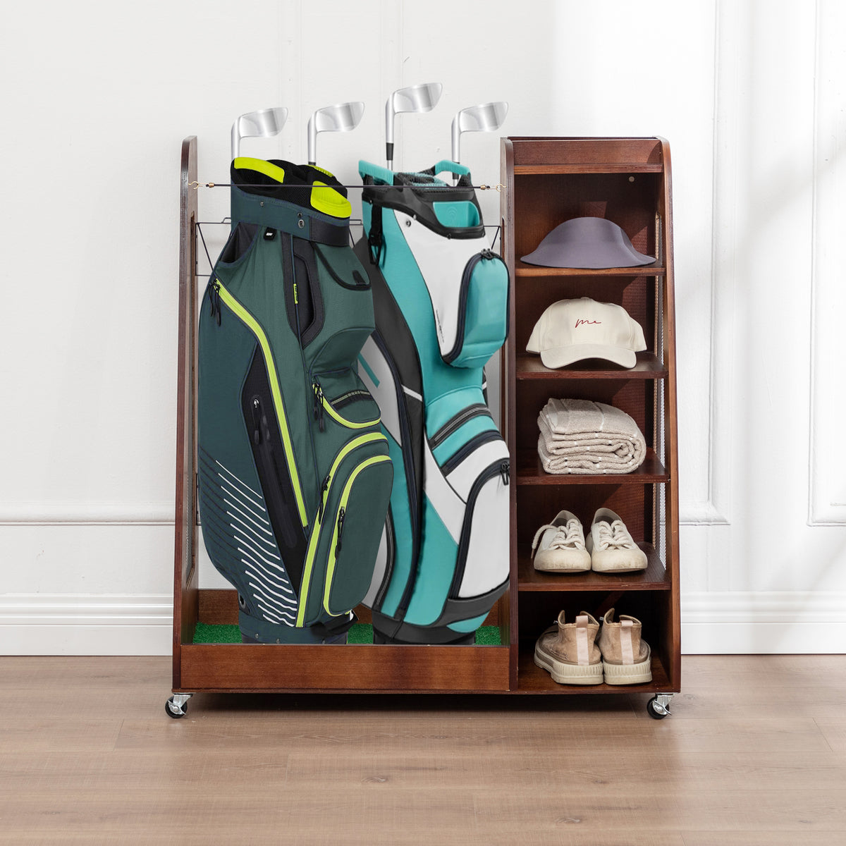Golf Bag Organizer for Garage, Premium Wooden Golf Clubs Storage Rack Fit 2 Golf Bags, Golf Trunk Organizer for Car Garage Club Shed Basement,Brown