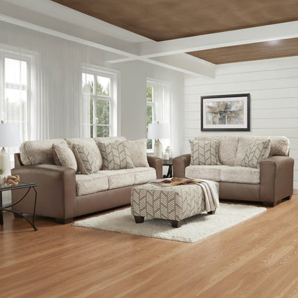 Marvella 3-Piece Living Room Sofa, Chair and Ottoman Set, Chocolate Faux Leather Upholstery and Curly Shearling Cushions