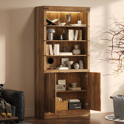 83.4'Tall Modern Bookshelf with Doors, Farmhouse Bookcase with 3-Tier Adjustable Shelves, Display Shelves with LED Light,Large Storage Cabinet for Living Room,Home Office, Walnut