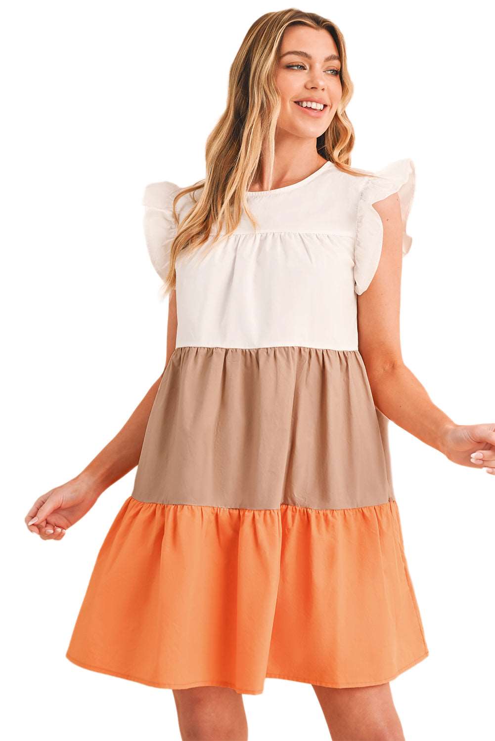 Apricot Ruffle Color Block Tiered Mini Dress