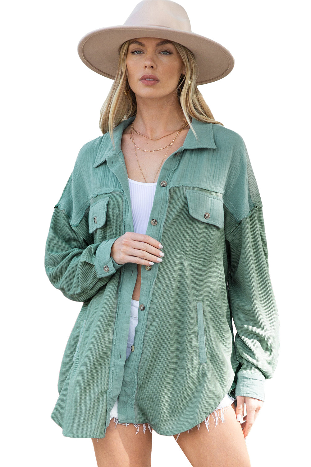 Green Mix Textured Stitching Flap Pocket Tunic Shacket - Eloy Royal