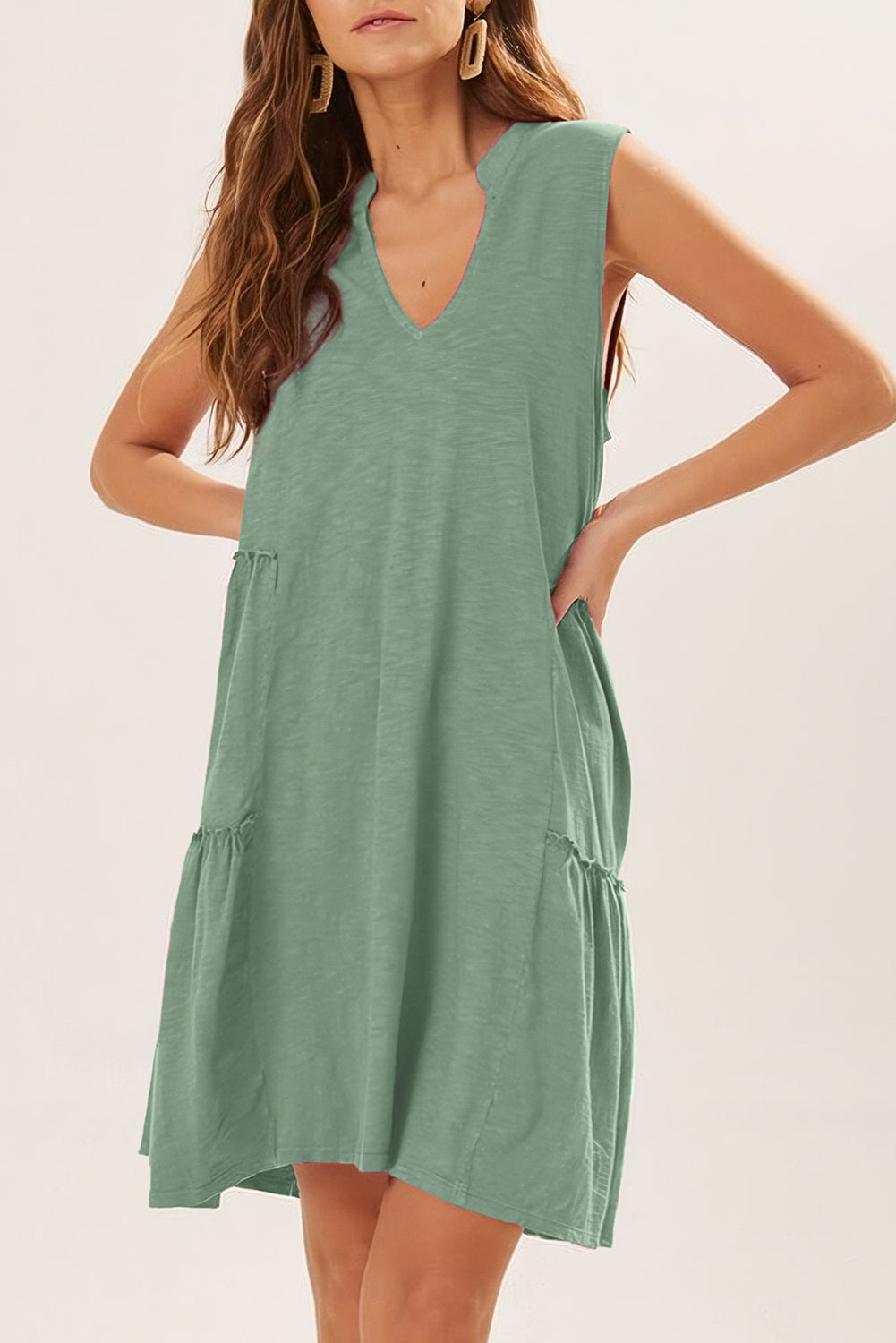 Moonlight Jade Split V Neck Tiered Flowy Sleeveless Dress - Eloy Royal