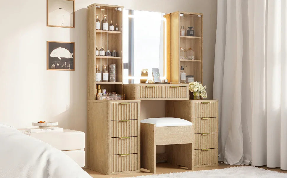 43.5' Fluted Makeup Vanity Desk with Mirror and Lights, Modern Glass Top Vanity Table with 10 Drawers & 2 Transparent Glass Cabinets, Dressing Table Set with Stool and Charging Station, Oak - Eloy Royal
