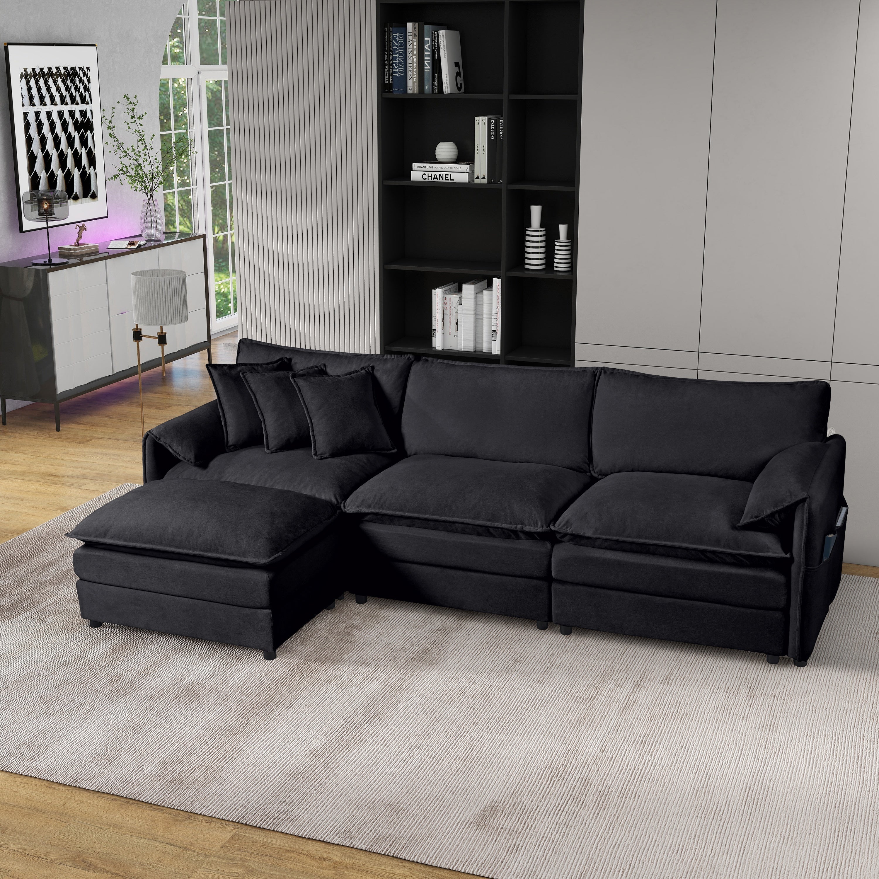 (Old:W3163S00021) Modular Sectional Sofa, Oversized Deep Seat L Shaped Couch Set for Living Room, 3-Seater Comfy Cloud Couches with Movable Ottoman, DIY Combination, Chenille,Black