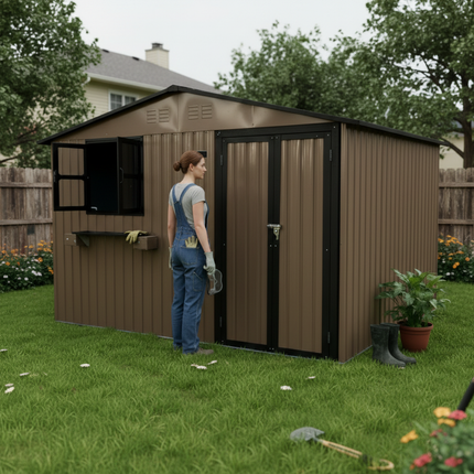 10x8 FT Outdoor Metal Storage Shed with Window & Flower Rack, Lockable Double Doors Tool Shed, Waterproof Weatherproof Garden Shed for Backyard Patio,  Brown Black