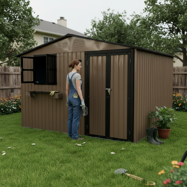 10x8 FT Outdoor Metal Storage Shed with Window & Flower Rack, Lockable Double Doors Tool Shed, Waterproof Weatherproof Garden Shed for Backyard Patio,  Brown Black