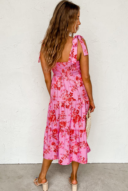 Pink Tie Shoulder Straps Tiered Floral Dress - Eloy Royal