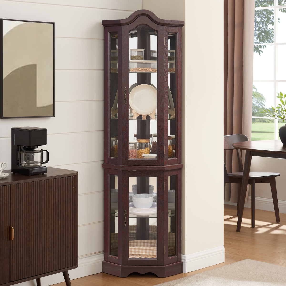 Lighted Corner Curio Cabinet with Tempered Glass Doors & Shelves - Elegant Oak Display Storage for Living Room & Bedroom Decor-DARK CHERRY