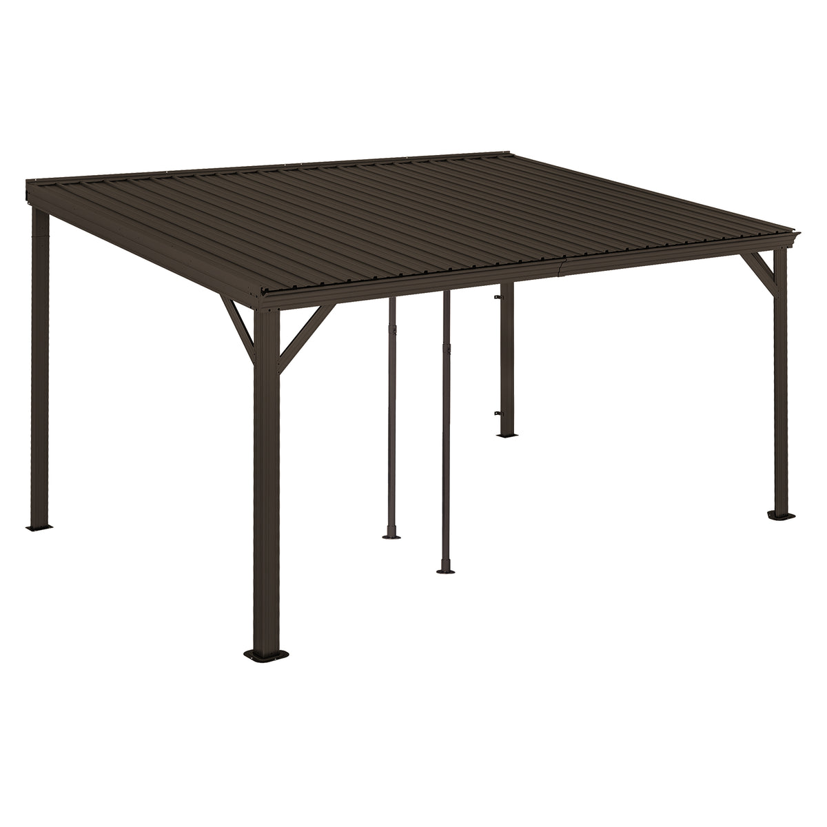 10x14FT Lean to Gazebo, Outdoor Hardtop Wall Mounted Gazebo with Sloping Galvanized Steel Roof, Upgraded Heavy Duty Mounted Shelter with Drainage System for Deck, Porch, Backyard, Brown