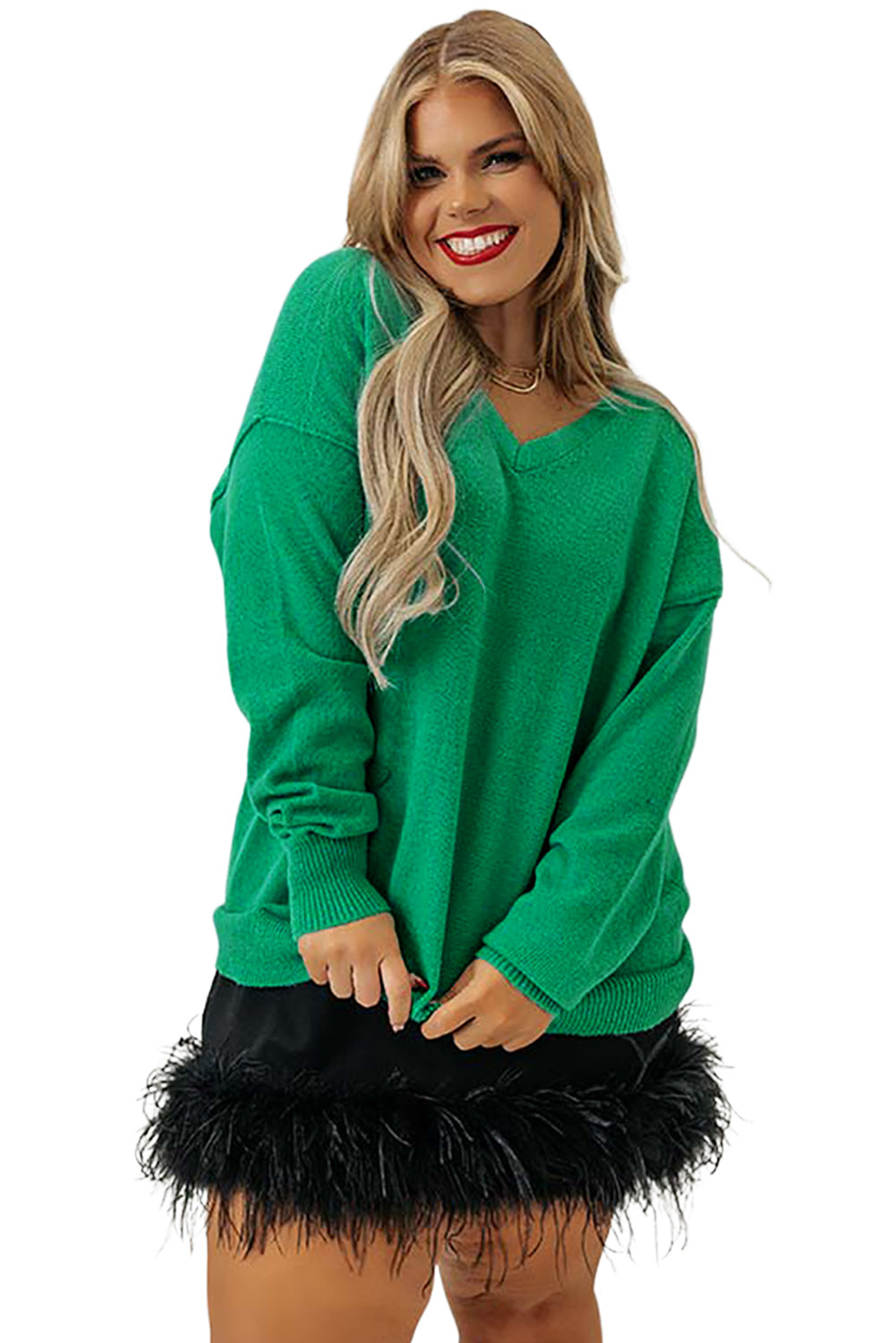 Green Plus Size Drop Shoulder V Neck Sweater - Eloy Royal