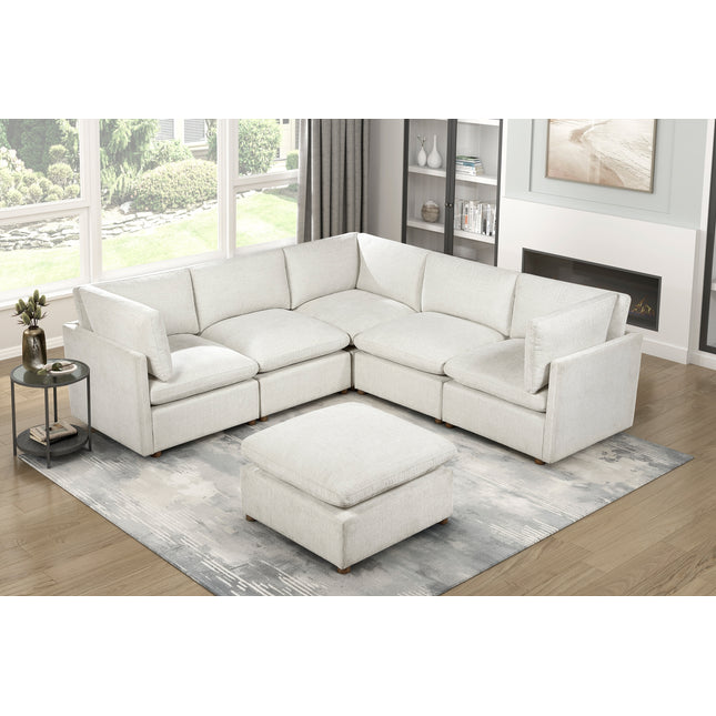 Luxury 6-Piece Modular Sectional with Ottoman Beige Upholstered Durable Solid Wood Living Room Furniture L-Shape Corner Sofa