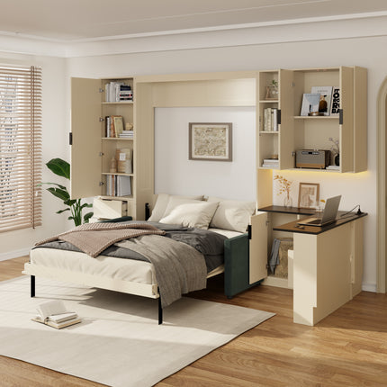 Queen Wall Murphy Bed with Hydraulic Storage, Sofa, Shelves & Drawers, LED/USB Lighting, Cream Panel, Green Sofa(OLD SKU:LP000392AAA)